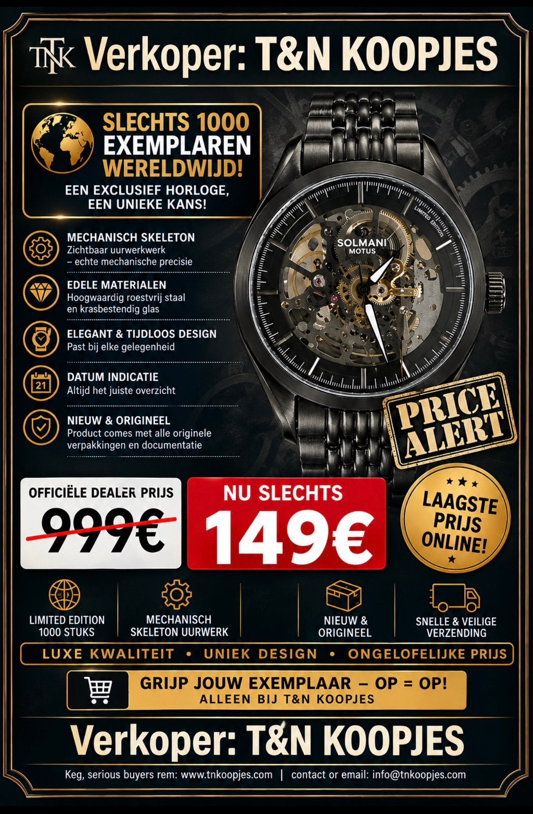 MECHANISCHE SKELETON SOLMANI TWV999€! 💯%NIEUW, CERTIFICAAT!, Handtassen en Accessoires, Ophalen of Verzenden, Nieuw
