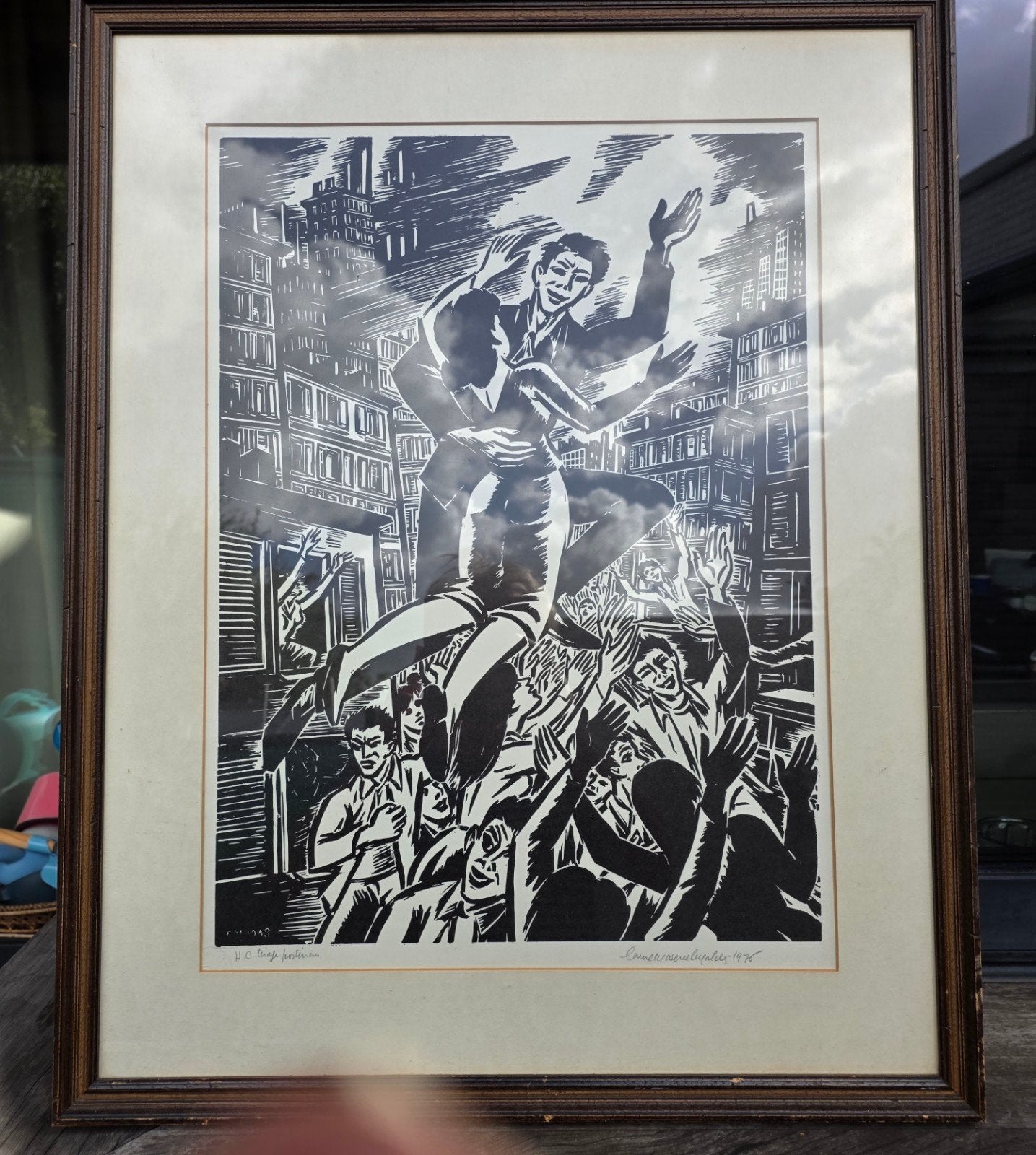 Masereel- postume houtsnede 1976- origineel 1968 50x40 cm, Antiek en Kunst, Ophalen of Verzenden, Houtsnede, Ingelijst