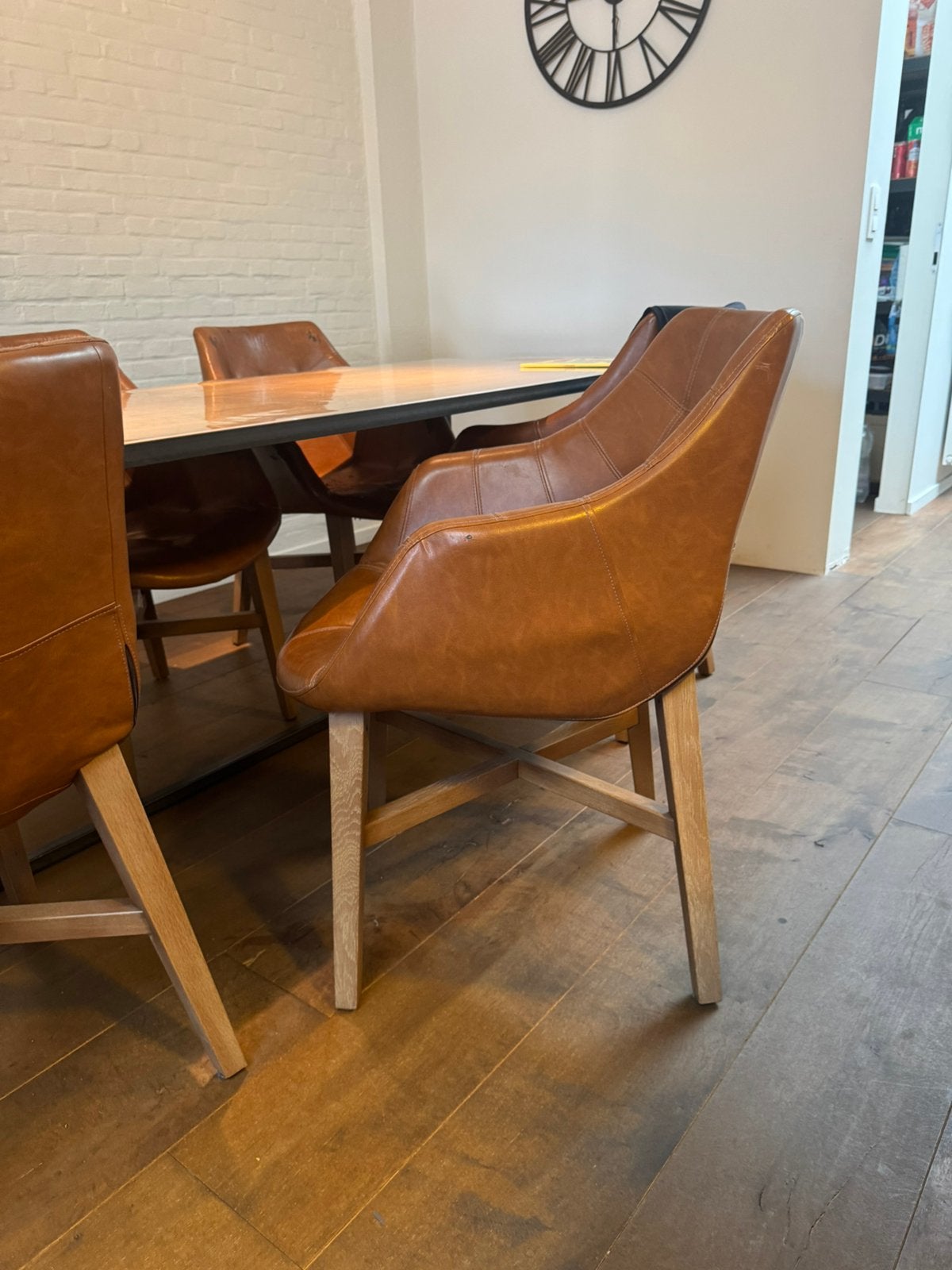 8 eiken armstoelen vintage cognac, Huis en Inrichting, Stoelen, Ophalen, Gebruikt, Leer