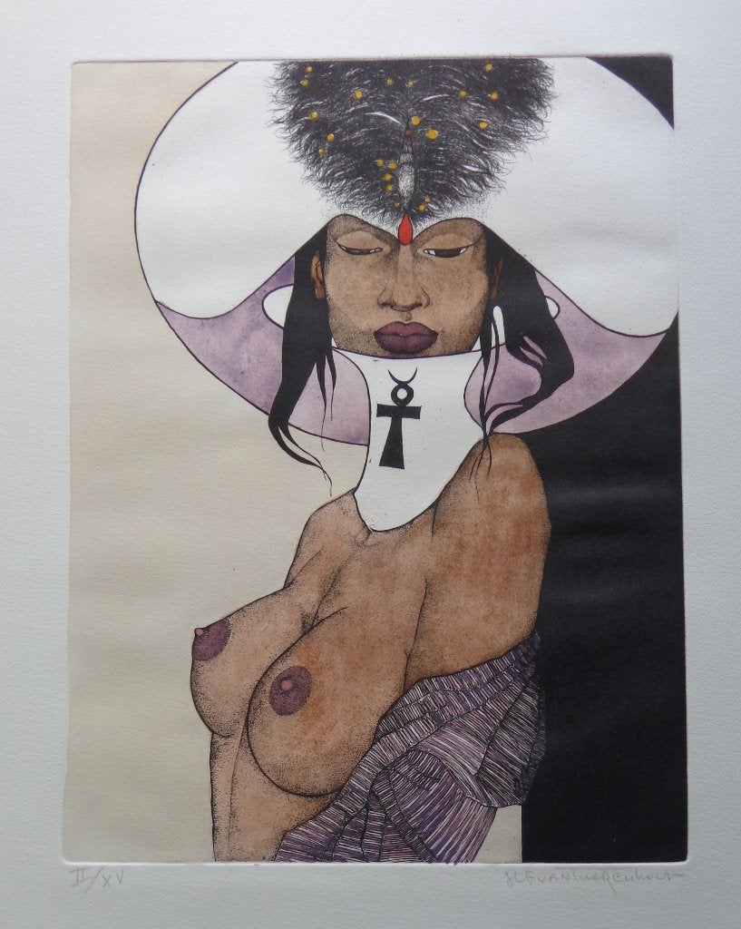 JEF VAN TUERENHOUT / LILITH / ETS + AQUAREL / 65x50cm / SIG, Portret en Figuren, Ophalen of Verzenden, Gelimiteerde oplage, Ets