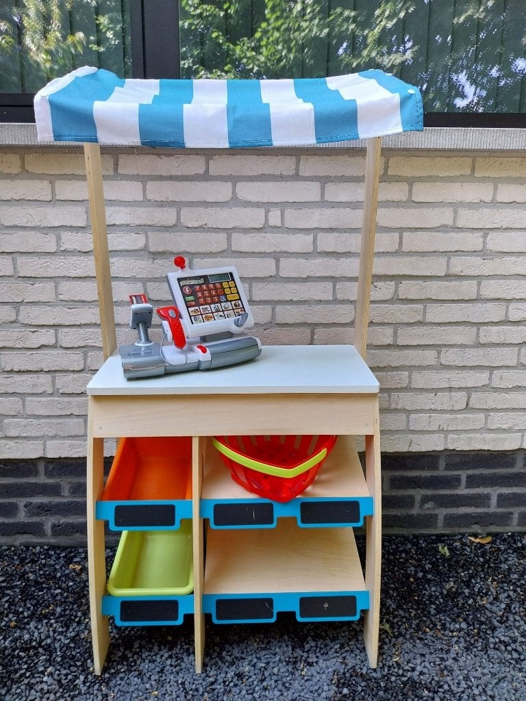 Houten winkeltje met werkende kassa en winkelmandje, Ophalen, Gebruikt, Hout, Speelkeuken