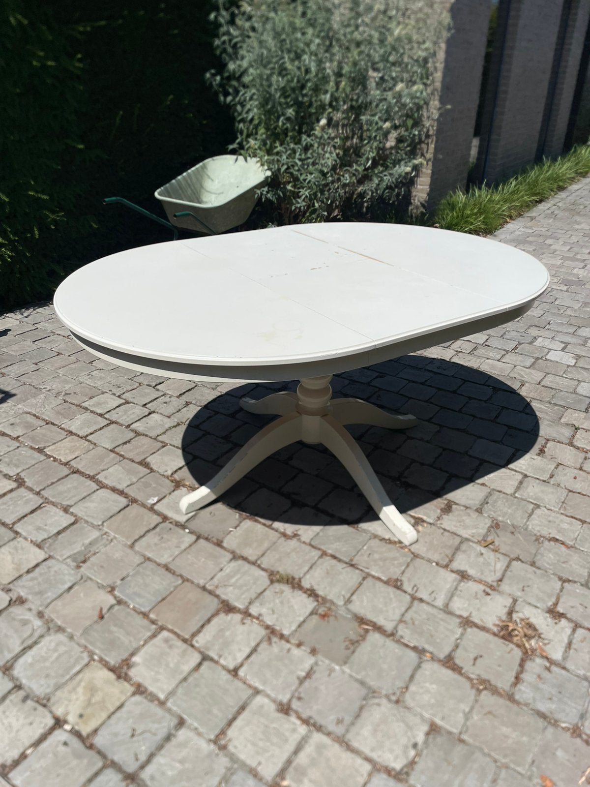 Witte uitschuifbare ovale eettafel – MDF/melamine afwerking, Enlèvement, Comme neuf, Bois