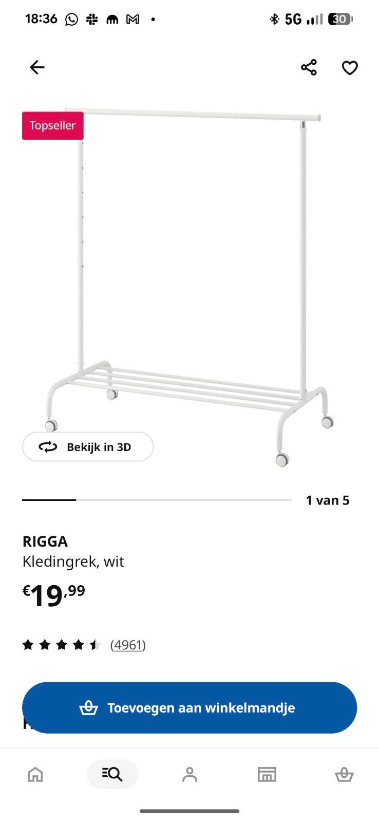 Rigga kledingrek wit + kapstokken, Ophalen