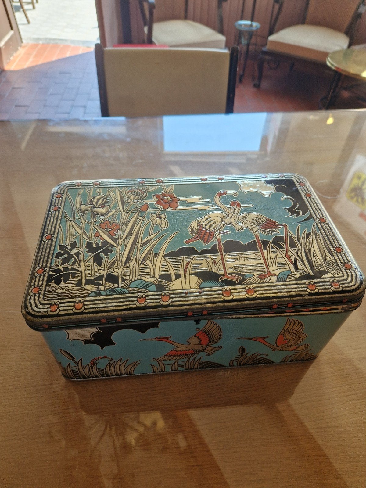 Art Deco blikken koekendoos / bewaardoos met kraanvogels, Ophalen