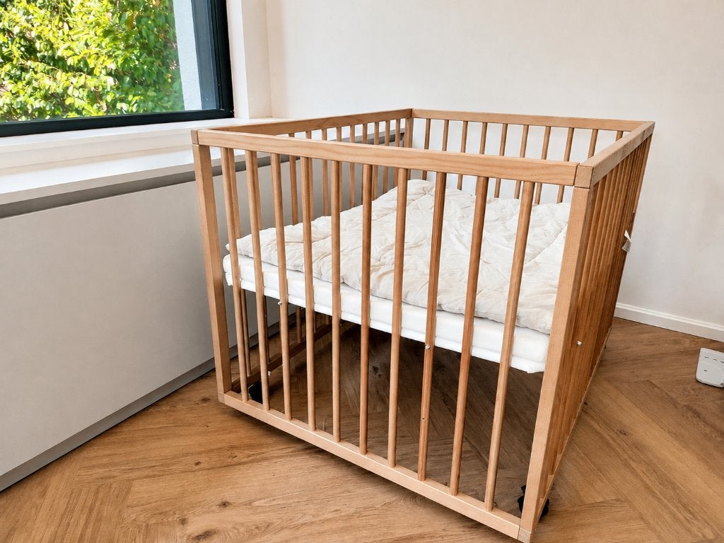 Houten box op wielen met matras en boxkleed, Kinderen en Baby's, Babyparken, Ophalen, Zo goed als nieuw, Rechthoekig, In hoogte verstelbaar