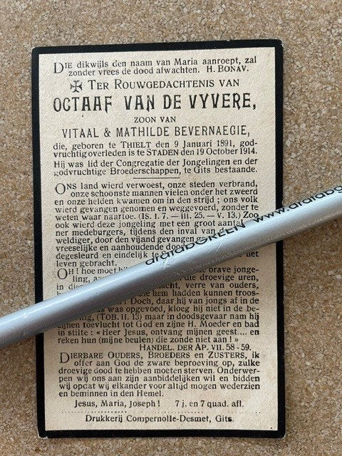 14-18 bij DUITSE INVAL Vermoord te STADEN VAN DE VYVERE 1914, Ophalen of Verzenden, Bidprentje