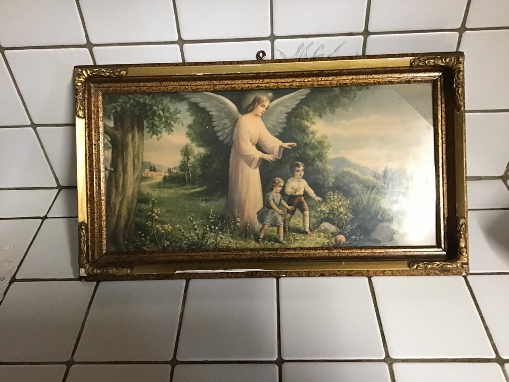 Vintage lijst met prent engelbewaarder, Ophalen of Verzenden