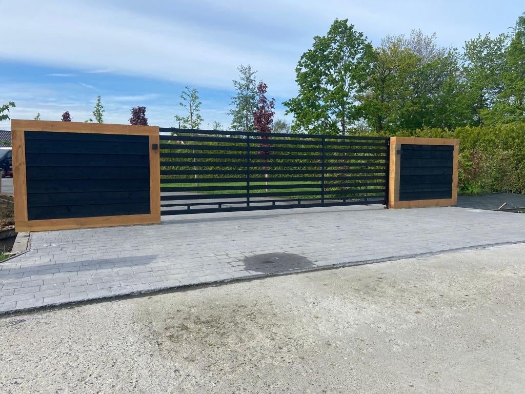 Nieuwe moderne schuifpoort 'Darwin' in 4m en 5m compleet!, Tuin en Terras, Tuinhekken en Hekwerk, Nieuw, Spijlenhekwerk, IJzer