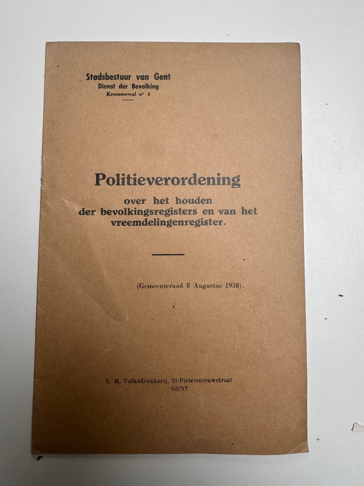 officiële Gentse politieverordening uit 1938 net voor WO II, Boeken, Ophalen of Verzenden, Gelezen