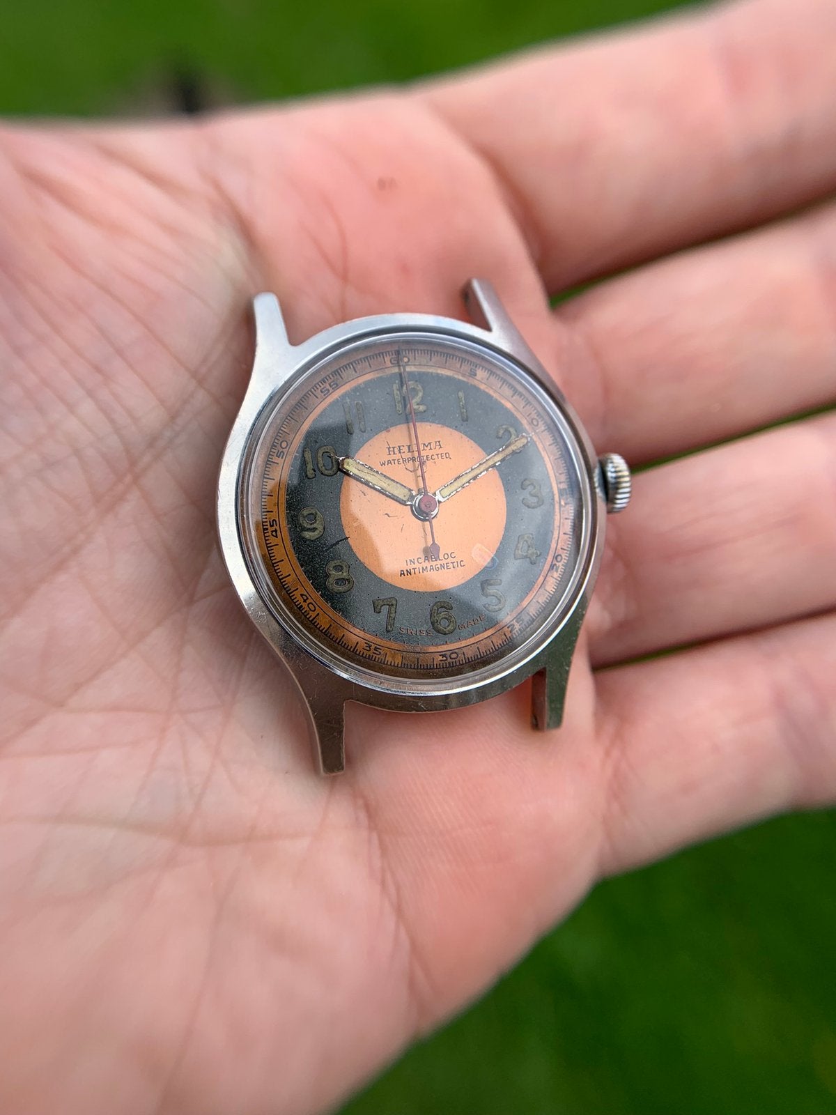 Helima bullseye - cadran saumon - boîtier Louis Lang - 34 mm, Handtassen en Accessoires, Horloges | Heren, Overige merken, Gebruikt