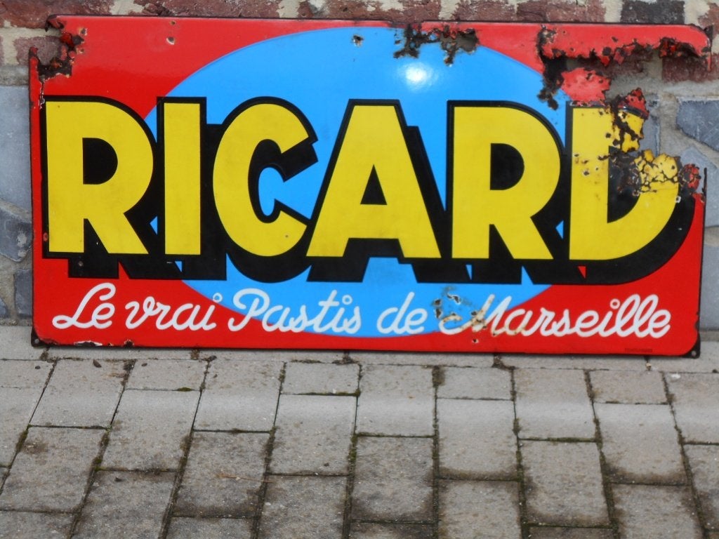 Ricard:geëmailleerd bord de ech pastis van Marseille 98x49cm, Ophalen of Verzenden, Gebruikt, Reclamebord