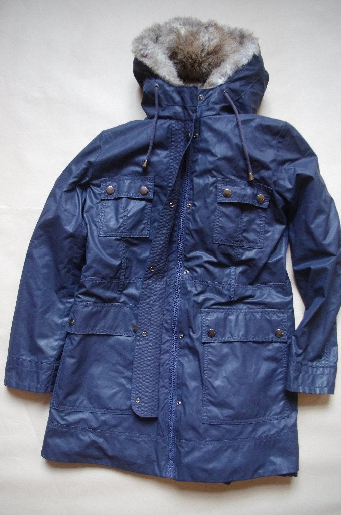 Donkerblauwe regenjas met pels en kap en uitneembare voering, Kleding | Dames, Jassen | Winter, Ophalen of Verzenden, Zo goed als nieuw