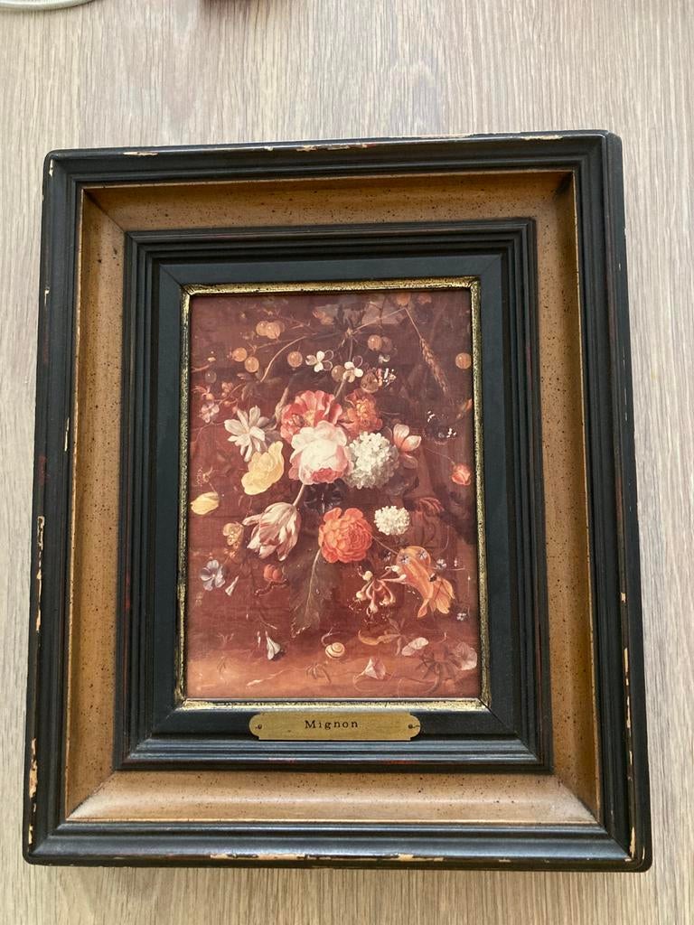 Mooie schilderij bloemstilleven, getiteld "Mignon"., Ophalen of Verzenden