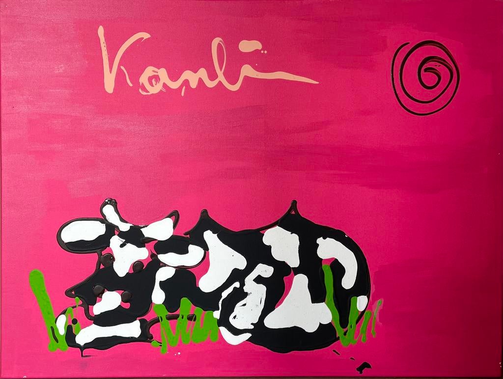 Groter schilderij Jacob Kanbier - Grote koe op roze, Antiek en Kunst, Ophalen
