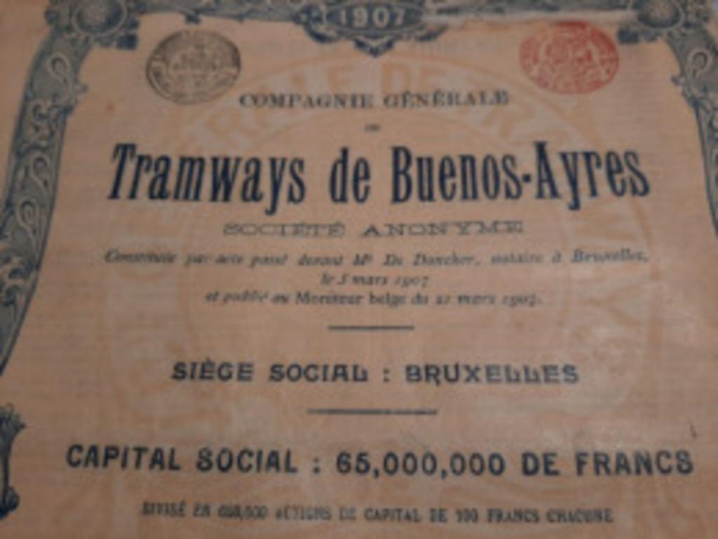 10 Actions de "Compagnie Générale de Tramways de Buenos-Ayre, Timbres & Monnaies, Actions & Titres, Action, Avant 1920, Envoi
