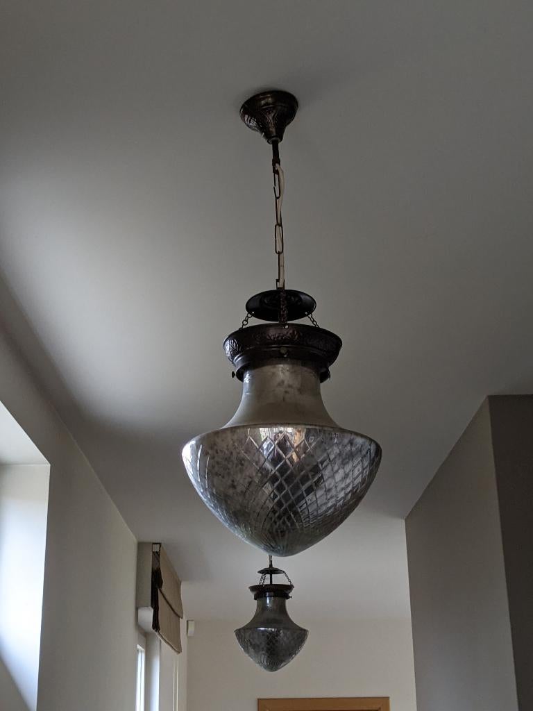 2 Vintage hanglampen, Ophalen, Gebruikt, 50 tot 75 cm, Glas