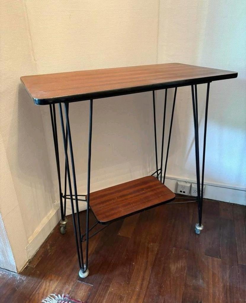 ⭐✨  jolie table TV desserte en Teck pied Eiffel fer forger, Design vintage 1950s 1960s, Enlèvement, Utilisé, Métal