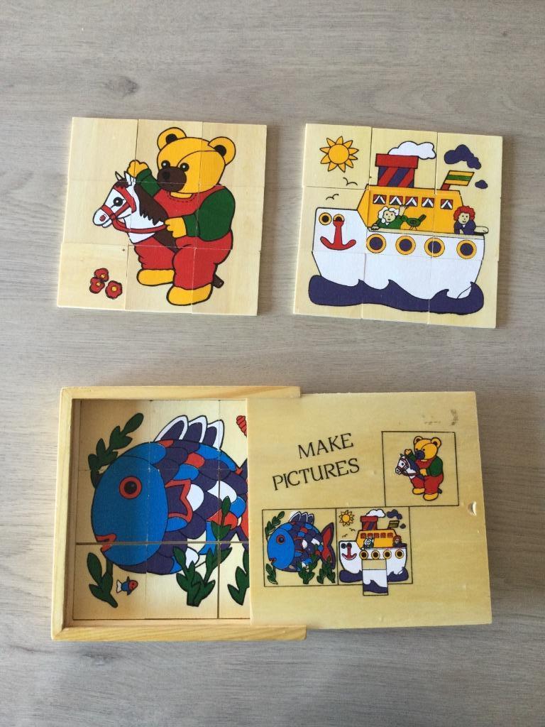 3 houten puzzels van 9 stukjes in een houten doosje, Enlèvement ou Envoi