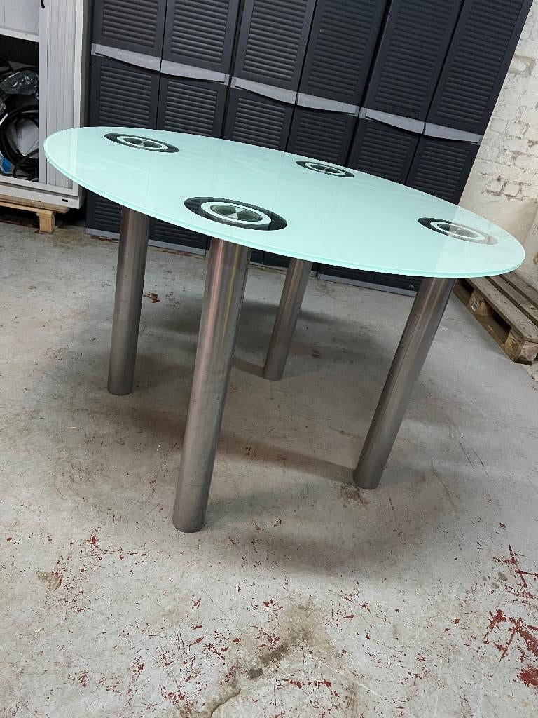 ronde glazen vintage tafel, glas 12 mm, Huis en Inrichting, Ophalen, Q, Bauhaus/minimalistisch, Zo goed als nieuw
