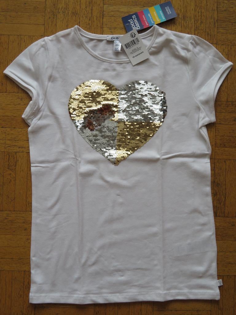 T-shirt neuf Okaidi blanc avec coeur en sequins 1586, Neuf, Enlèvement ou Envoi, Fille, Okaidi