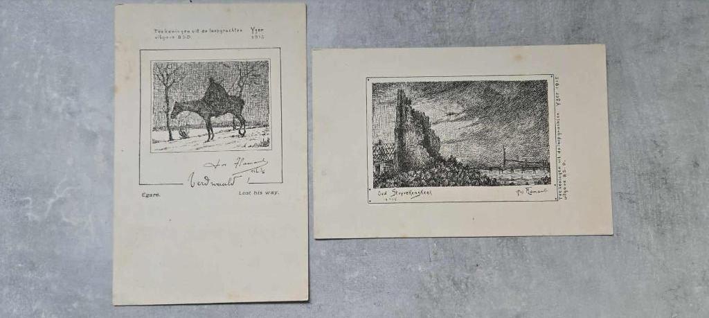 teekeningen uit de loopgrachten Jos Flament 2 stuks, Verzamelen, Verzenden, Voor 1920, Gelopen, Politiek en Historie