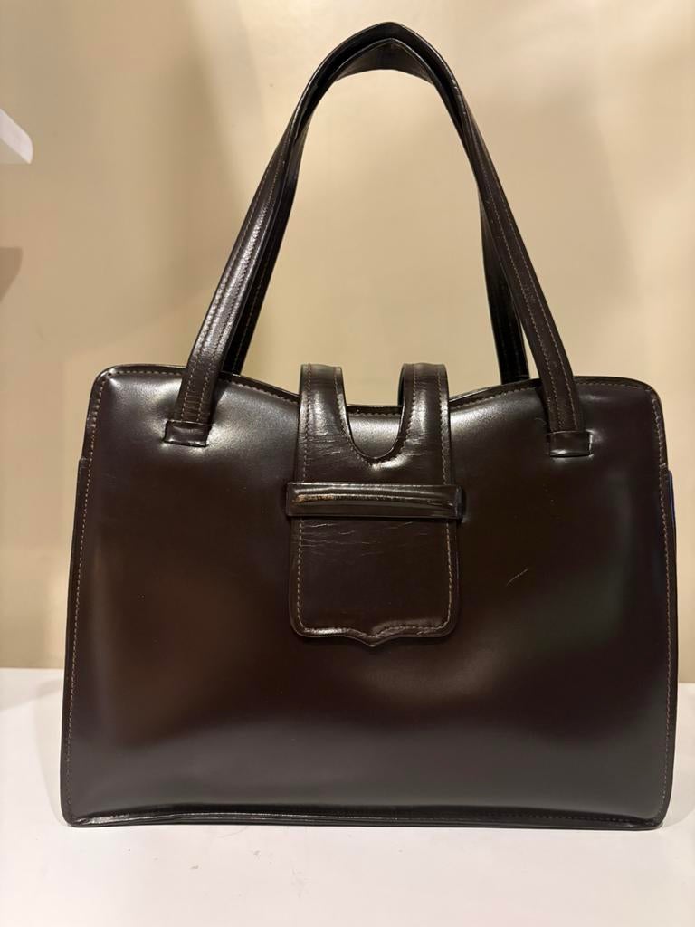 Vintage handtas boxcalf leder chocolade bruin, Handtassen en Accessoires, Tassen | Damestassen, Ophalen of Verzenden, Zo goed als nieuw