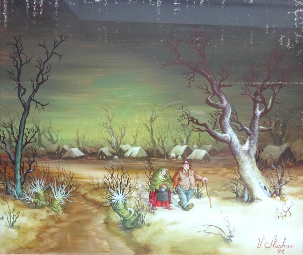 Vlado Makar, 34 x 30 cm , Op wandel in de sneeuw, églomisé, Antiek en Kunst, Ophalen