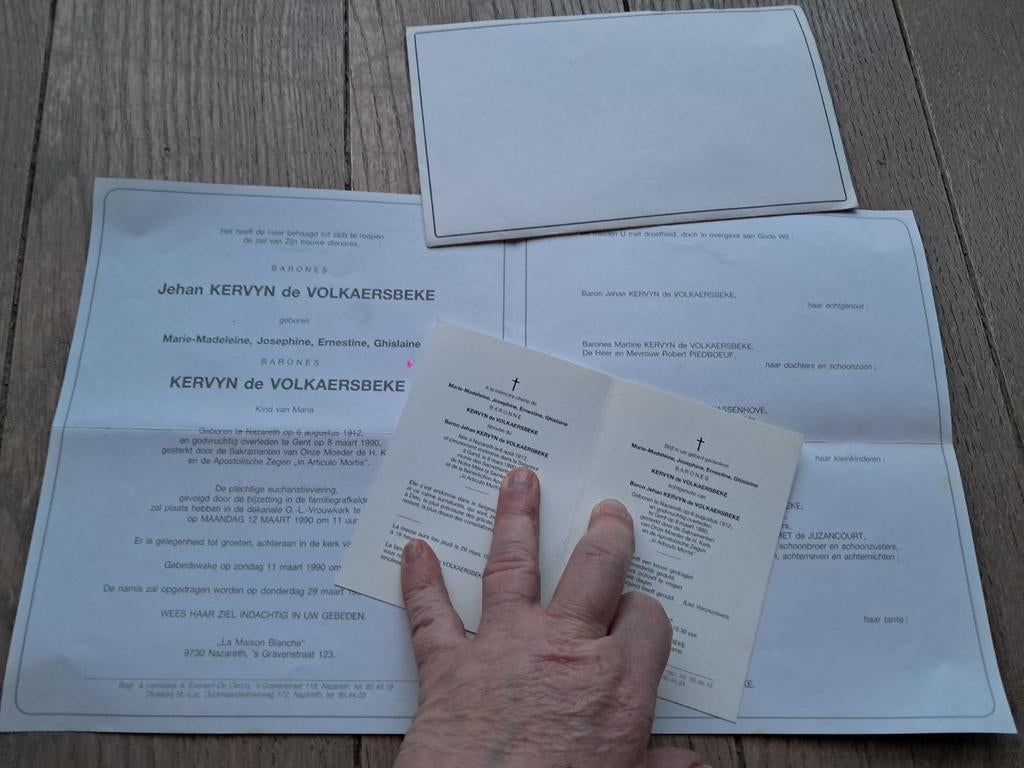 Nécrologie + BP : Baronne Kervyn de Volkaersbeke, Enlèvement ou Envoi