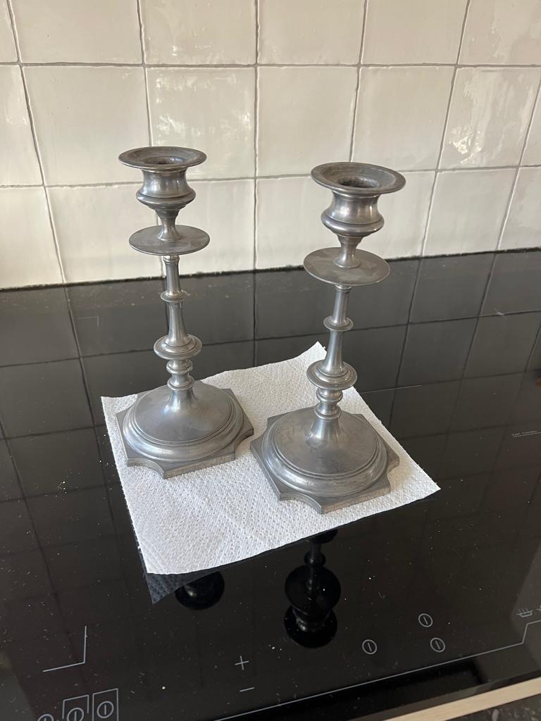 koppel kandelaars in tin, Antiek en Kunst, Ophalen
