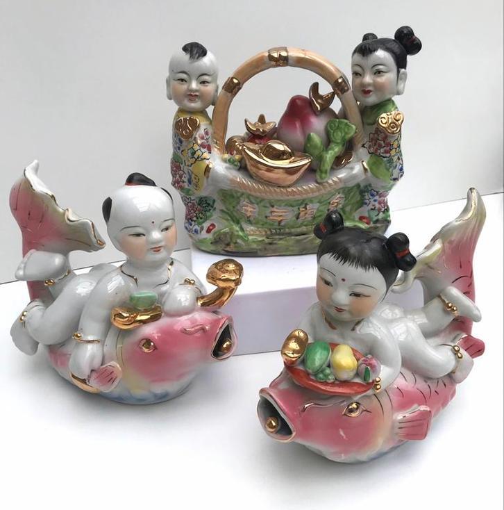 Figurines en porcelaine chinoise garçon et fille 3 pièces, Enlèvement ou Envoi, Comme neuf, Humain