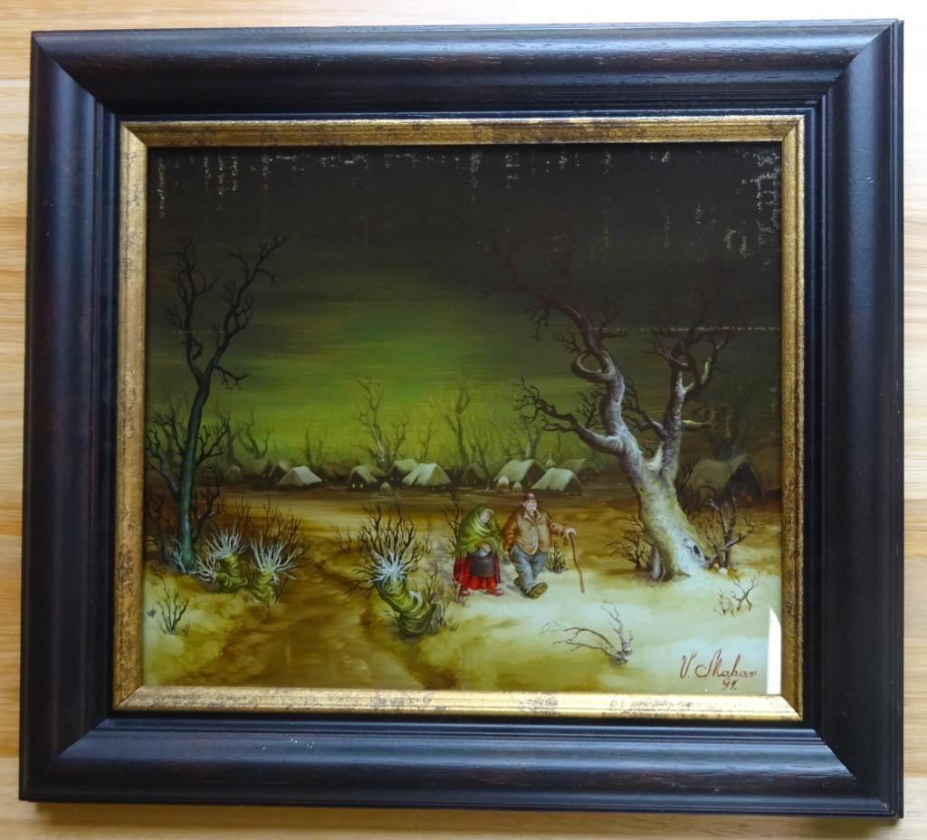 Vlado Makar, 34 x 30 cm , Op wandel in de sneeuw, églomisé, Antiek en Kunst, Ophalen