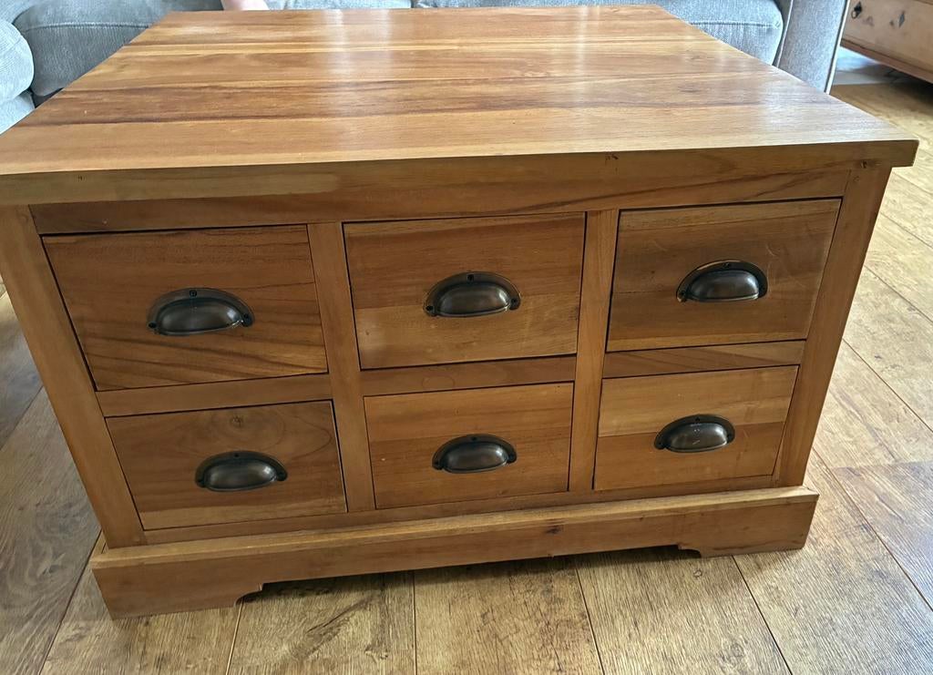 Zeer mooe teak salontafel met 2x6 schuiven (79x80), Huis en Inrichting, Kasten | Ladekasten, Ophalen, 5 laden of meer, 75 cm of meer