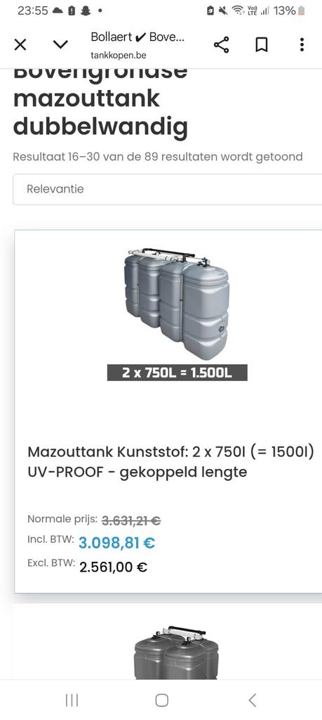 Mazouttank kunststof 2x750l (=1500l), Doe-het-zelf en Bouw, Chauffageketels en Boilers, Zo goed als nieuw, Onderdeel, Minder dan 3 jaar oud