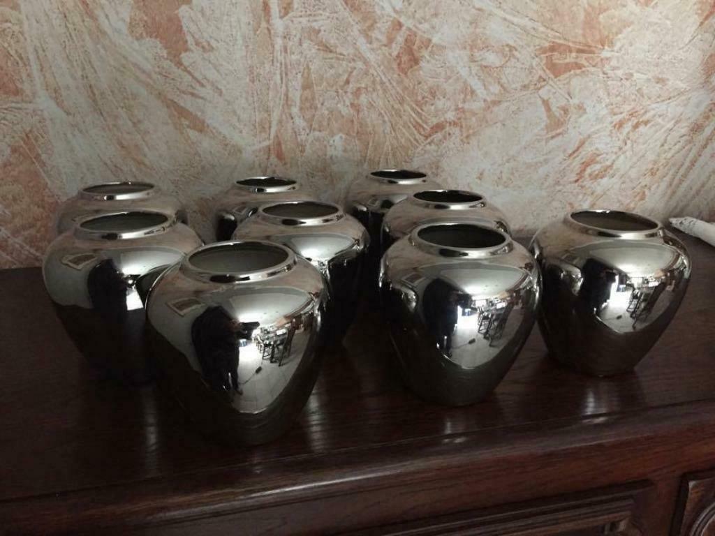 vaas- (chrome kleur )14cm hoog ; 9 stuks, Overige kleuren, Aardewerk of Porselein, Ophalen of Verzenden, Zo goed als nieuw