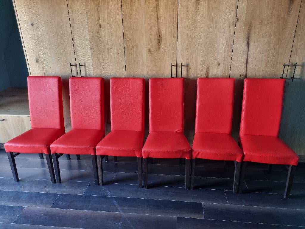 Set van 6 stoelen in rood leer, Huis en Inrichting, Ophalen, Zo goed als nieuw, Vijf, Zes of meer stoelen, Leer