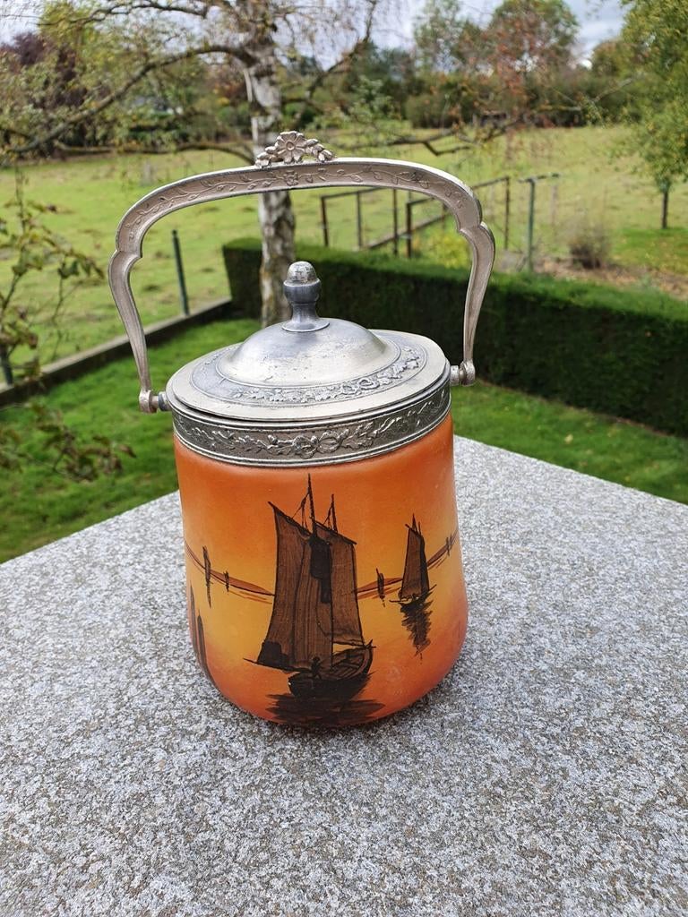 Ancien seau á biscuits en verre et métal, Enlèvement ou Envoi