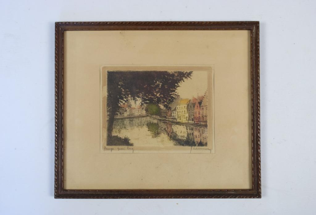 gravure/lithographie en couleur Bruges, Quai long, Antiquités & Art, Enlèvement ou Envoi