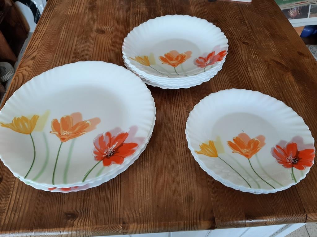 18 assiettes florale Luminarc en opale, Maison & Meubles, Cuisine | Vaisselle, Enlèvement ou Envoi, Comme neuf