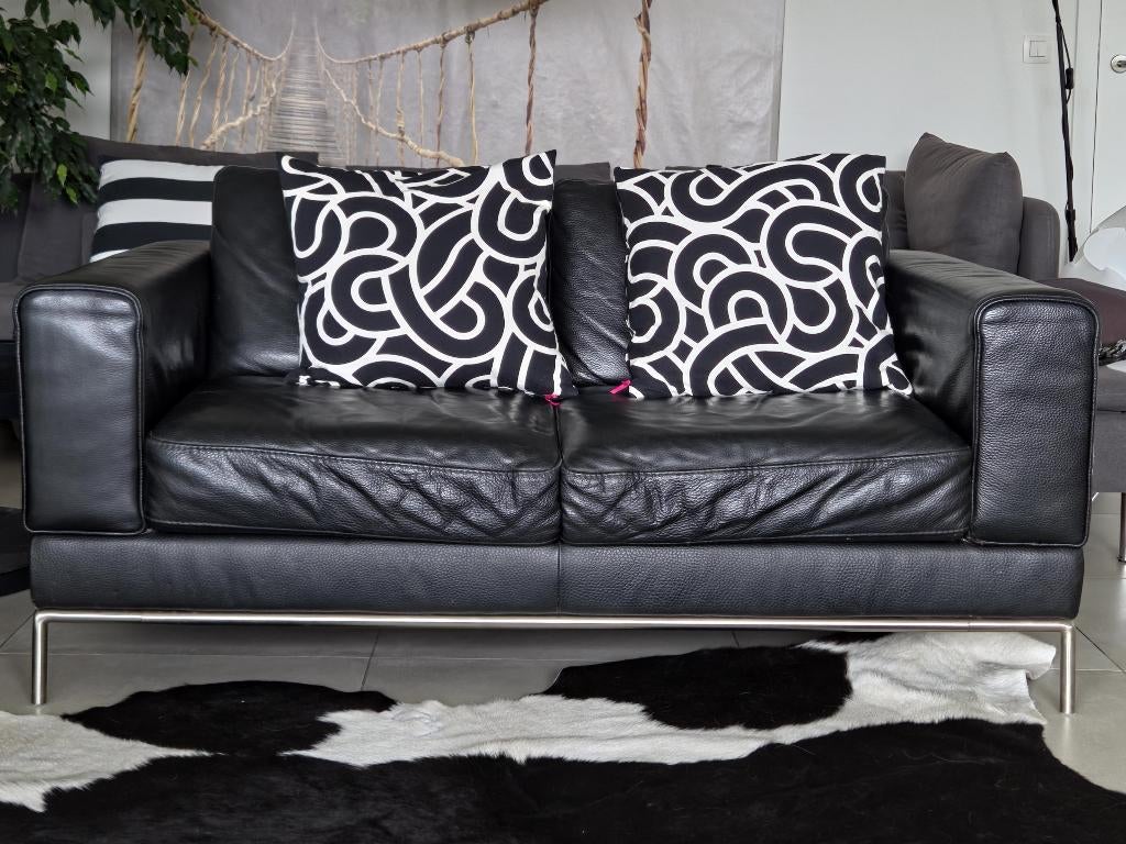 IKEA Arild - tweezit - zwart leer, Enlèvement, Utilisé, 150 à 200 cm, Banc droit