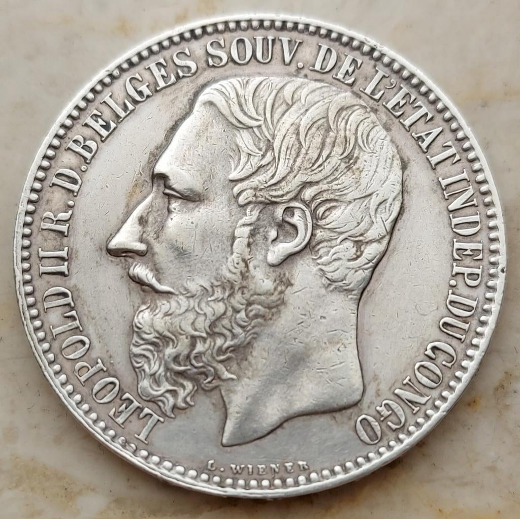 5 Francs 1887 Belgisch Congo / Mooie kwaliteit !, Enlèvement ou Envoi, Monnaie en vrac, Argent, Argent