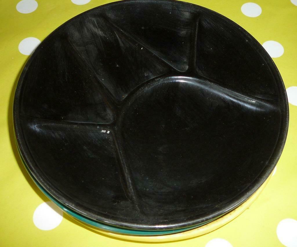 3 assiettes à fondue: 1 jaune, 1 verte et 1 noire, diamètre, Uni, Assiettes(s), Utilisé, Autres matériaux