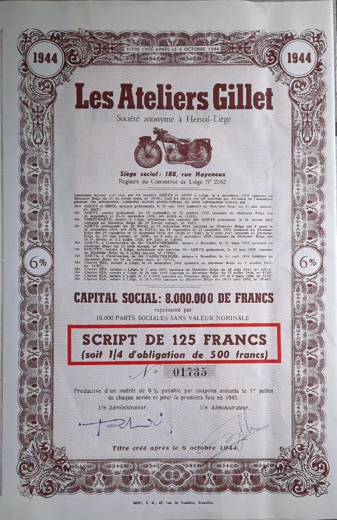 Les ateliers Gillet - Herstal - script de 125 eur - 1950, Ophalen of Verzenden, 1920 tot 1950, Aandeel