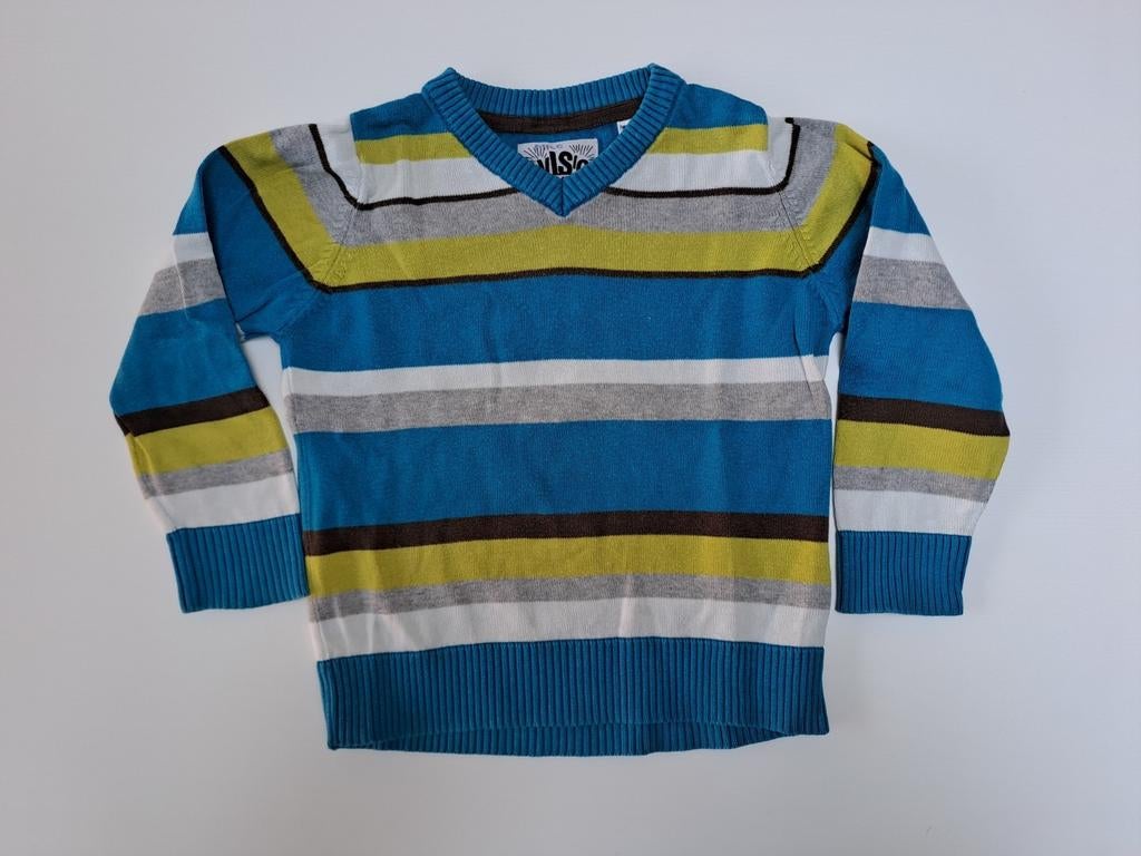 Mt 92 Blauw, groen, wit, grijs, bruin gestreepte trui, Kinderen en Baby's, Kinderkleding | Maat 92, Trui of Vest, Ophalen of Verzenden