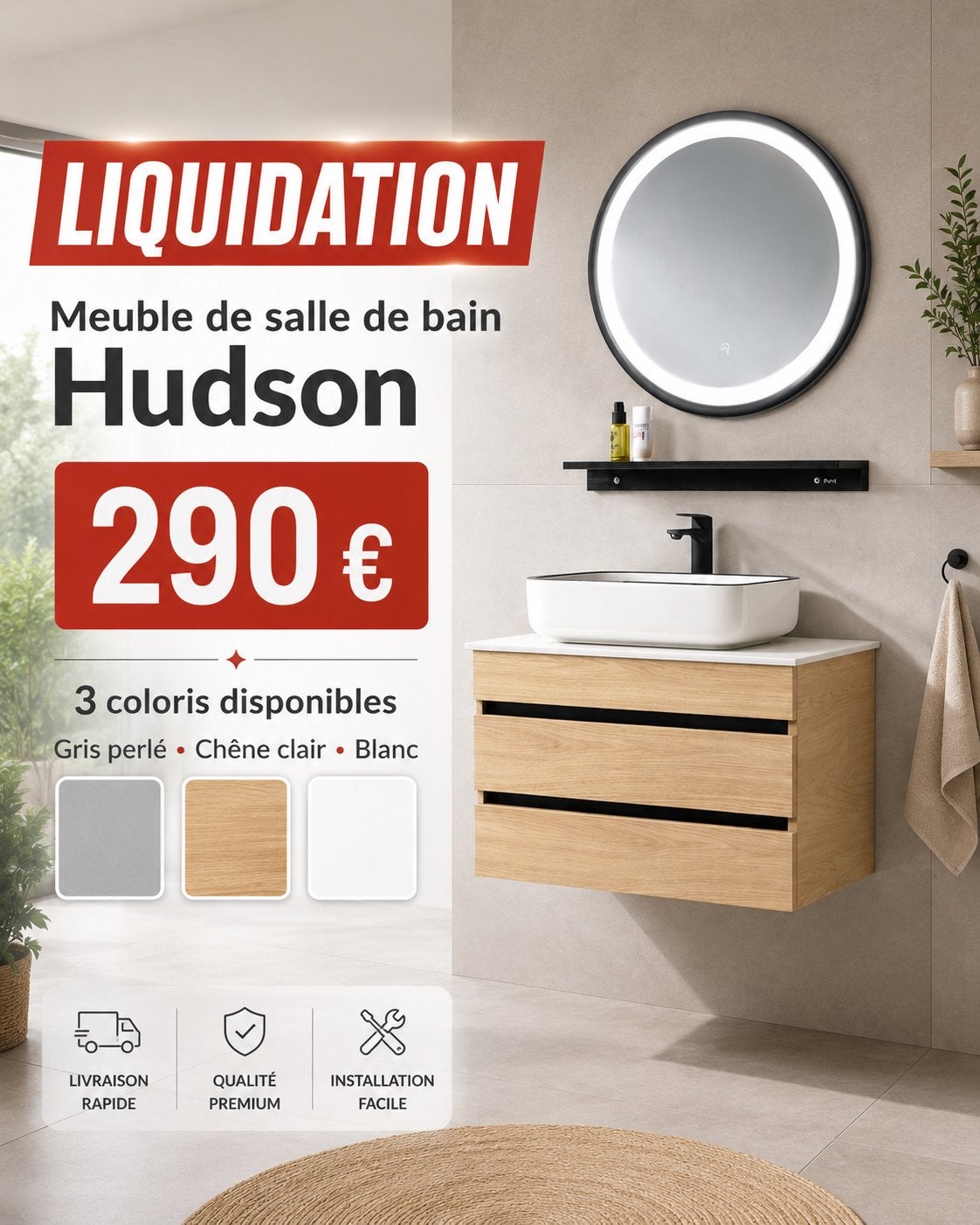 LIQUIDATION – Meuble de salle de bain hudson 70 cm, Enlèvement, Neuf, Autres types