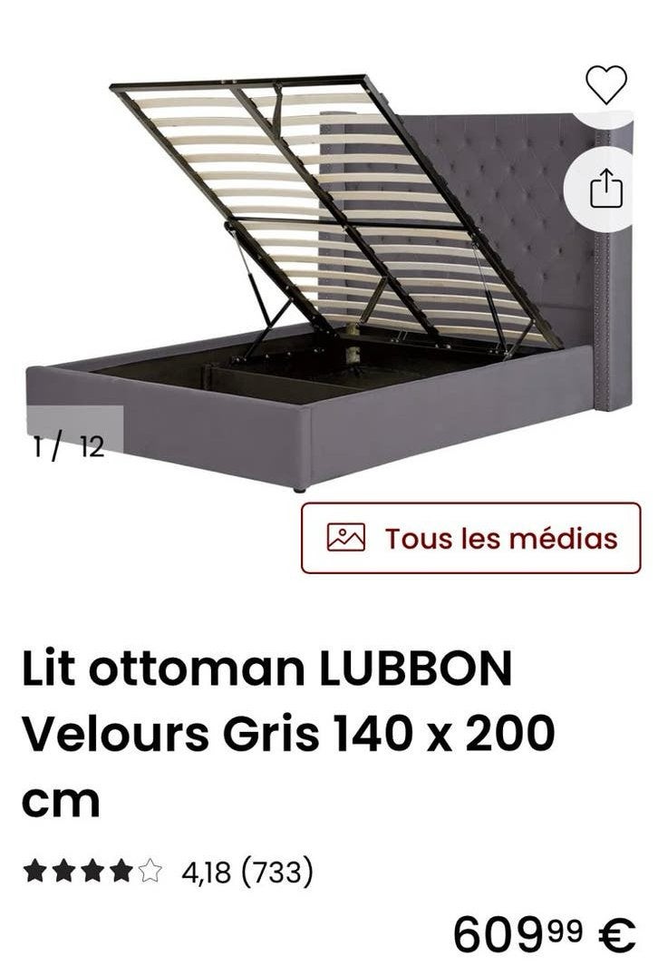 Lit coffre / ottoman 140  200 cm – Velours gris, Enlèvement, Comme neuf, 200 cm, Sommier