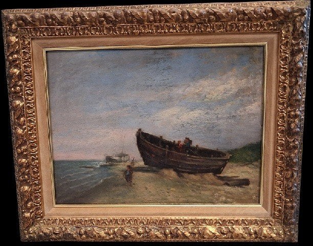 laat 19de eeuwse kustscene, Antiquités & Art, Art | Peinture | Classique, Enlèvement ou Envoi, Peinture à l'huile, Maritime / eau