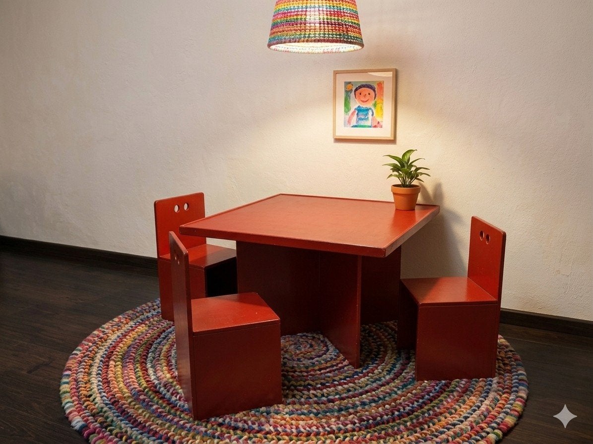 Houten kinderspeeltafel 91x91 cm. met drie houten stoeltjes, Ophalen