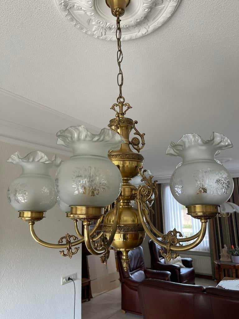 Elegante Hanglamp met 6 Glazen Lampkappen - 70 cm Breed, Huis en Inrichting, Lampen | Kroonluchters, Ophalen, Zo goed als nieuw