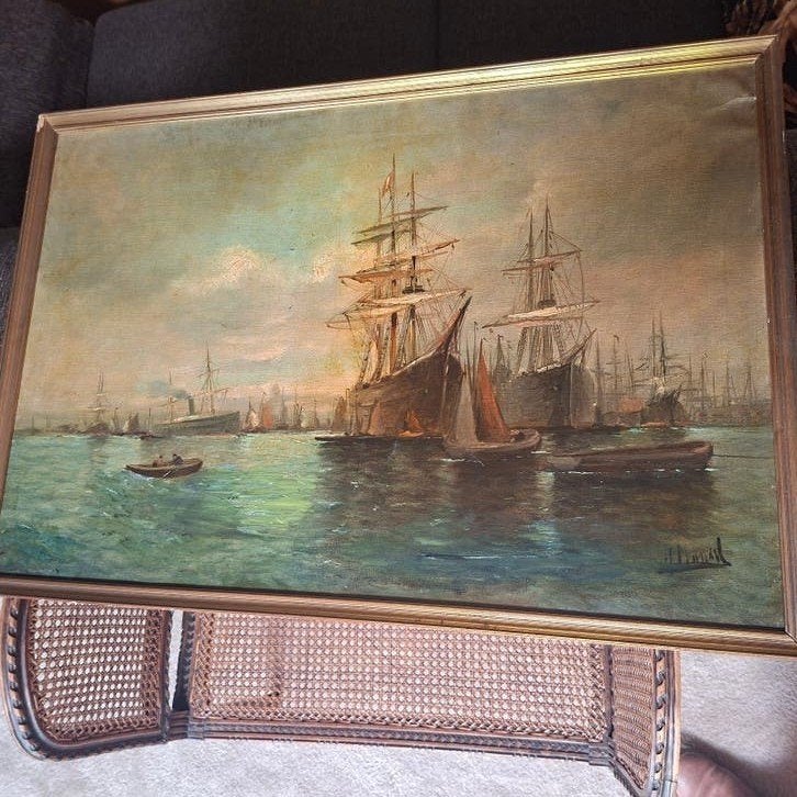 Schepen voor anker, Enlèvement ou Envoi, Signé, Maritime / eau, Toile