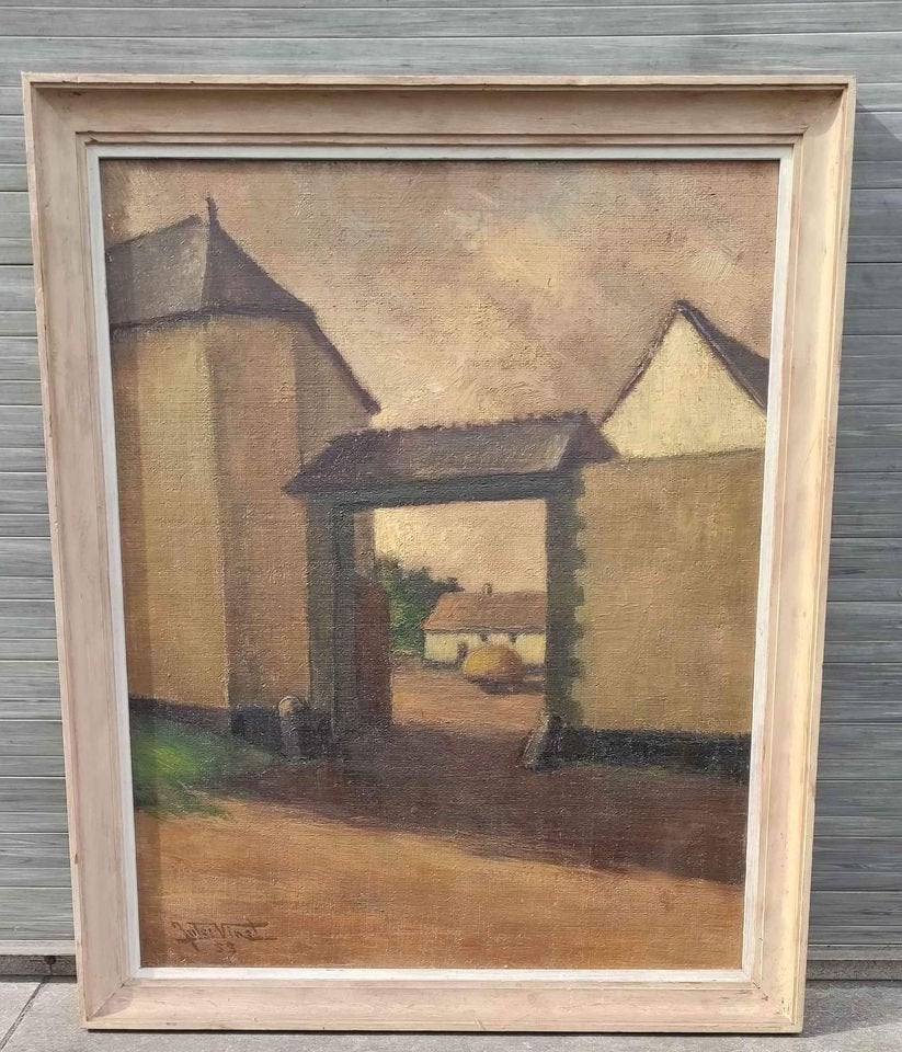 Huile sur panneau ferme a Nivelles signe Jules Vinet, Antiek en Kunst, Ophalen of Verzenden, Paneel